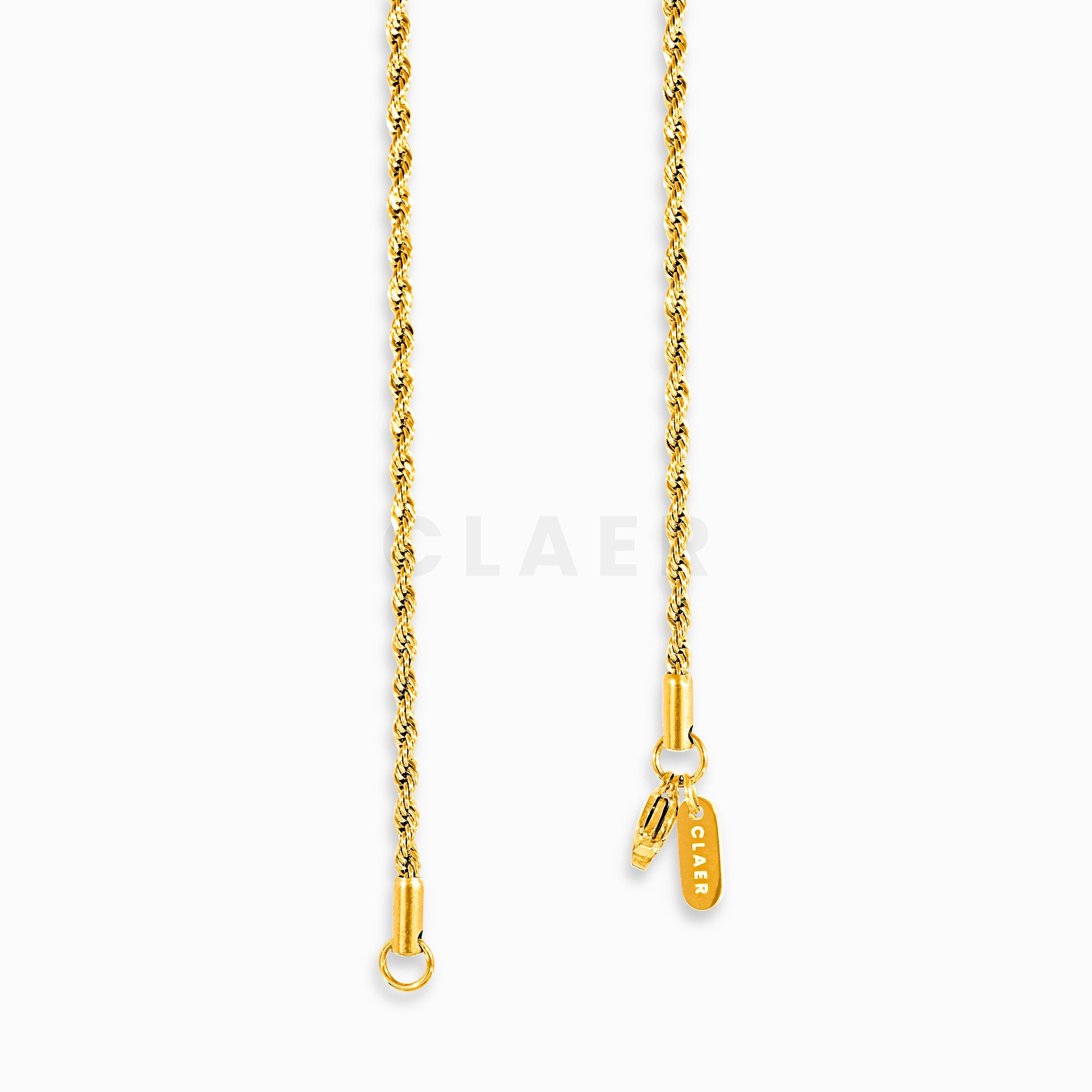 Verschluss unserer goldenen Rope-Kette mit Logo-Tag von CLAER.