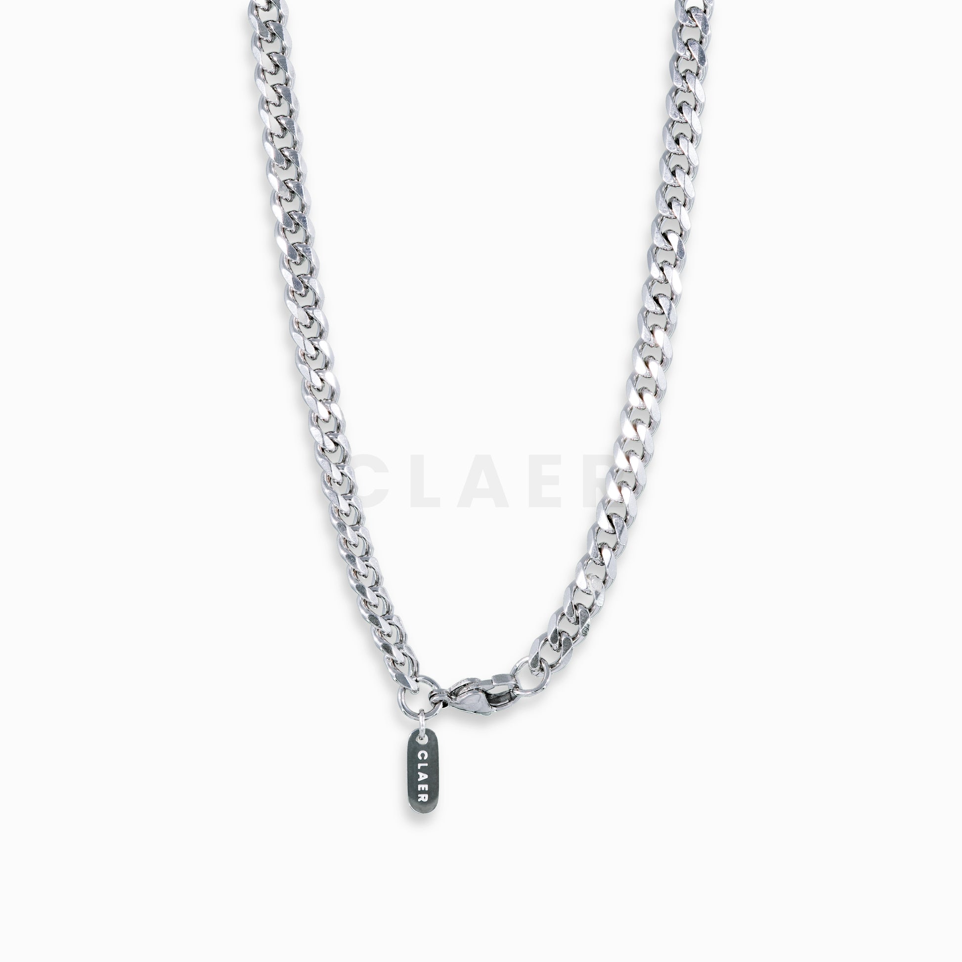 Silberne 5mm Cuban Chain mit Verschluss und Logo-Tag von CLAER.