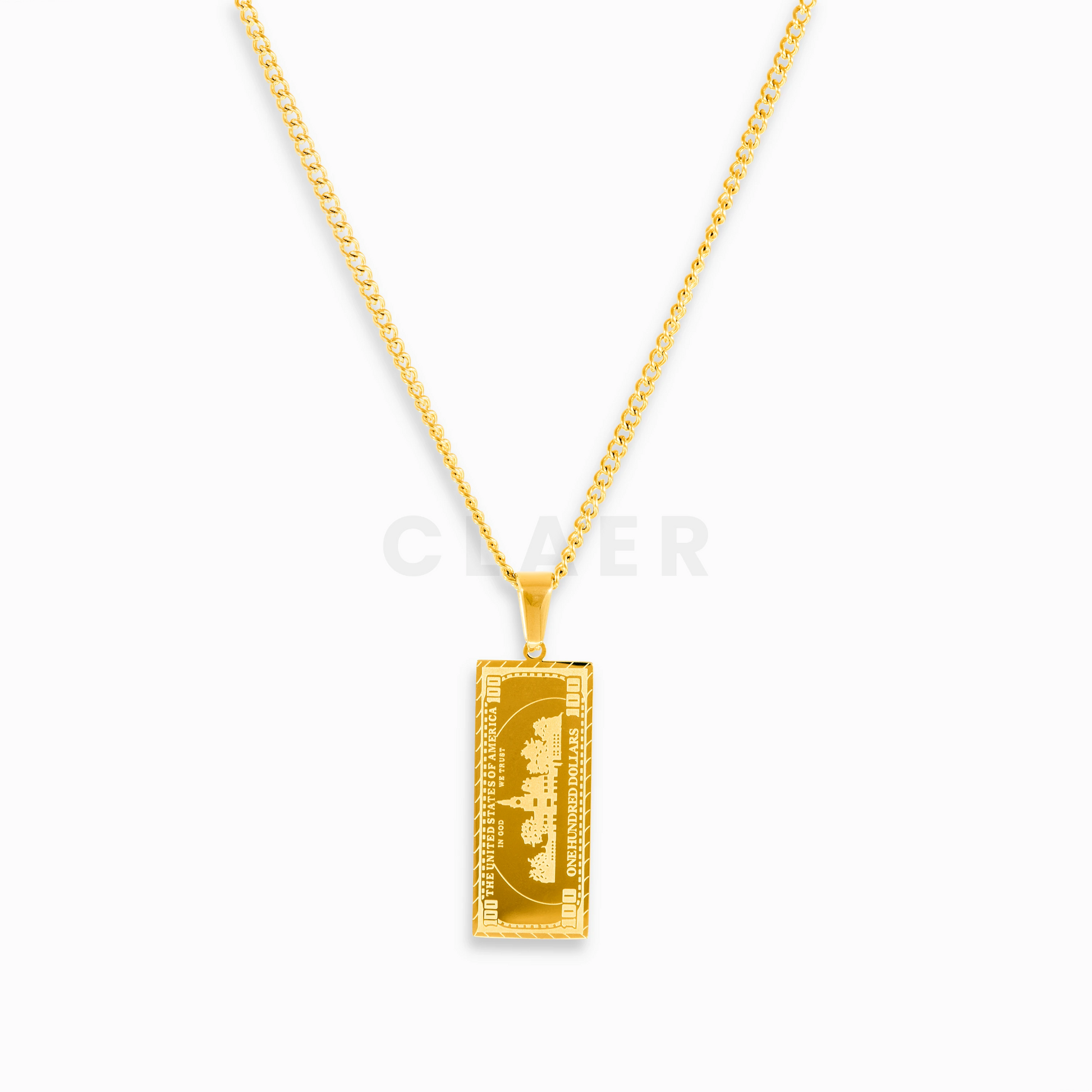 Rückseite unseres goldenen Dollarnoten-Anhängers auf unserer Curb-Kette.