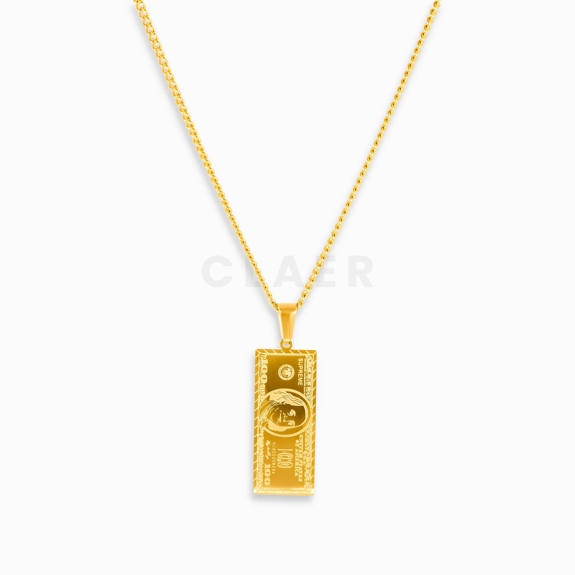 Goldener Anhänger in Form eines Dollarnotenscheins auf unserer Curb-Kette.