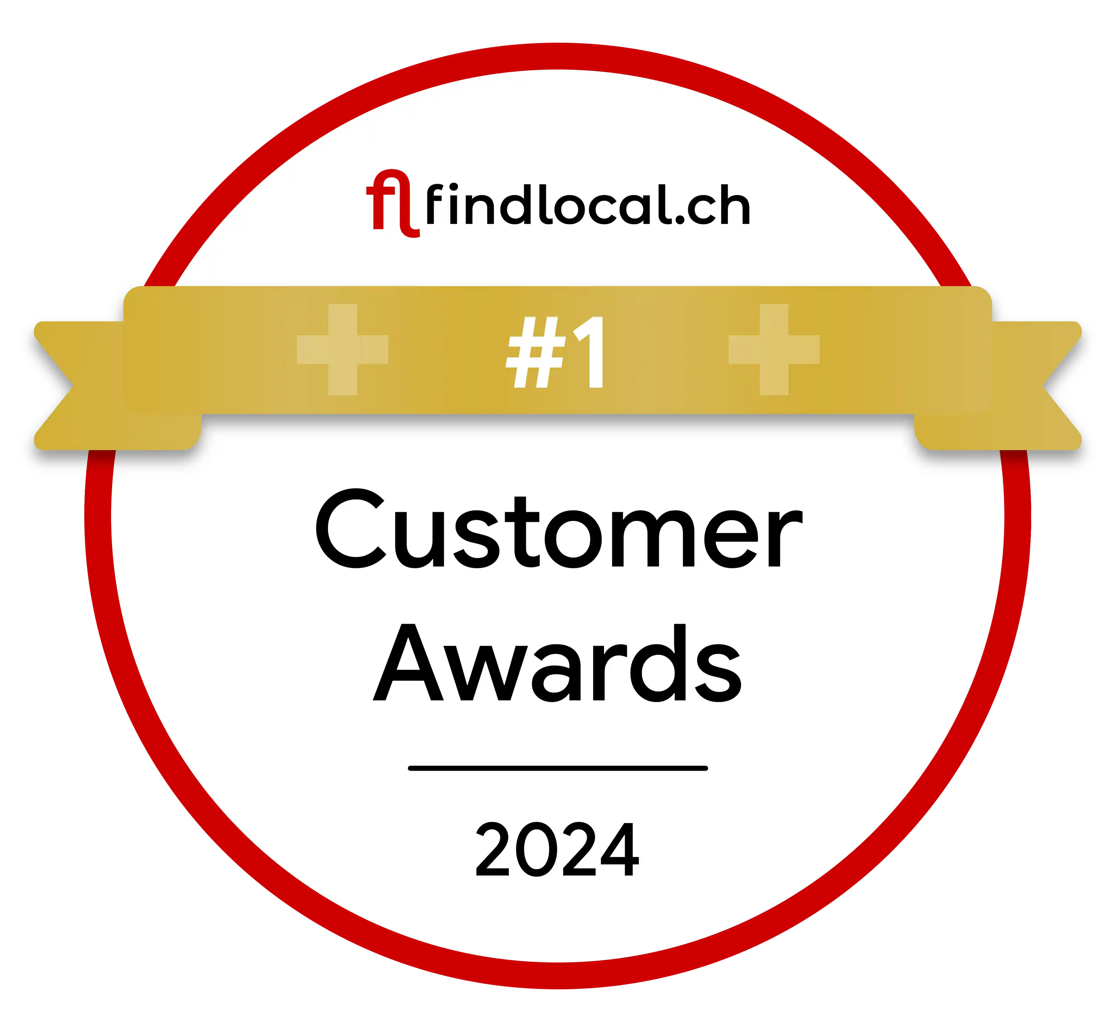 Erster Platz für CLAER.ch; Rundes Abzeichen mit rotem Rand und goldenem Banner mit der Aufschrift '#1', darunter steht 'Customer Awards 2024' und das Logo von findlocal.ch oben.