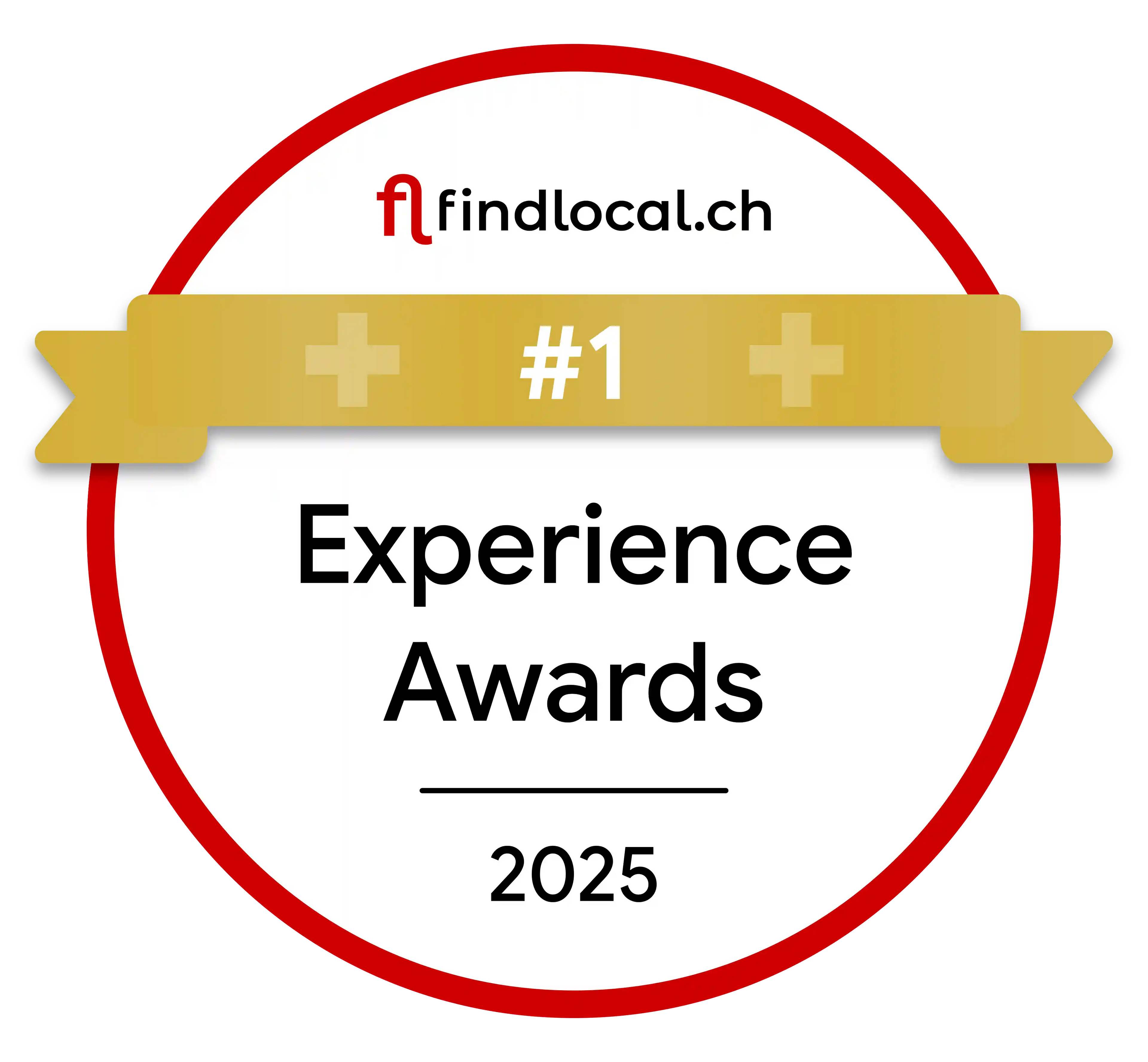 Erster Platz für CLAER.ch; Rundes Abzeichen mit rotem Rand und goldenem Banner mit der Aufschrift '#1', darunter steht 'Experience Awards 2025' und das Logo von findlocal.ch oben.
