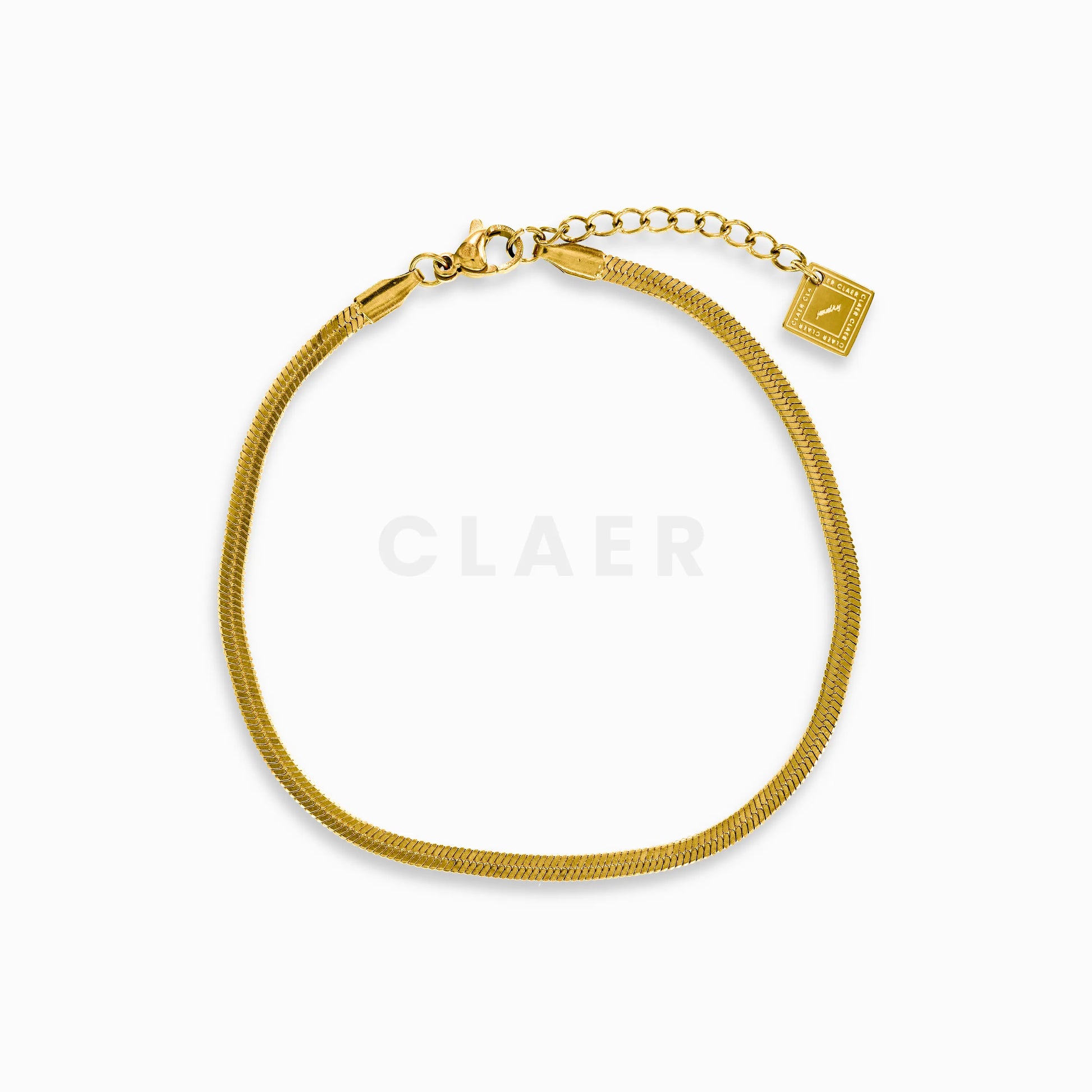 Goldenes flaches Snake-Fusskettchen mit unserem CLAER Logo-Tag.