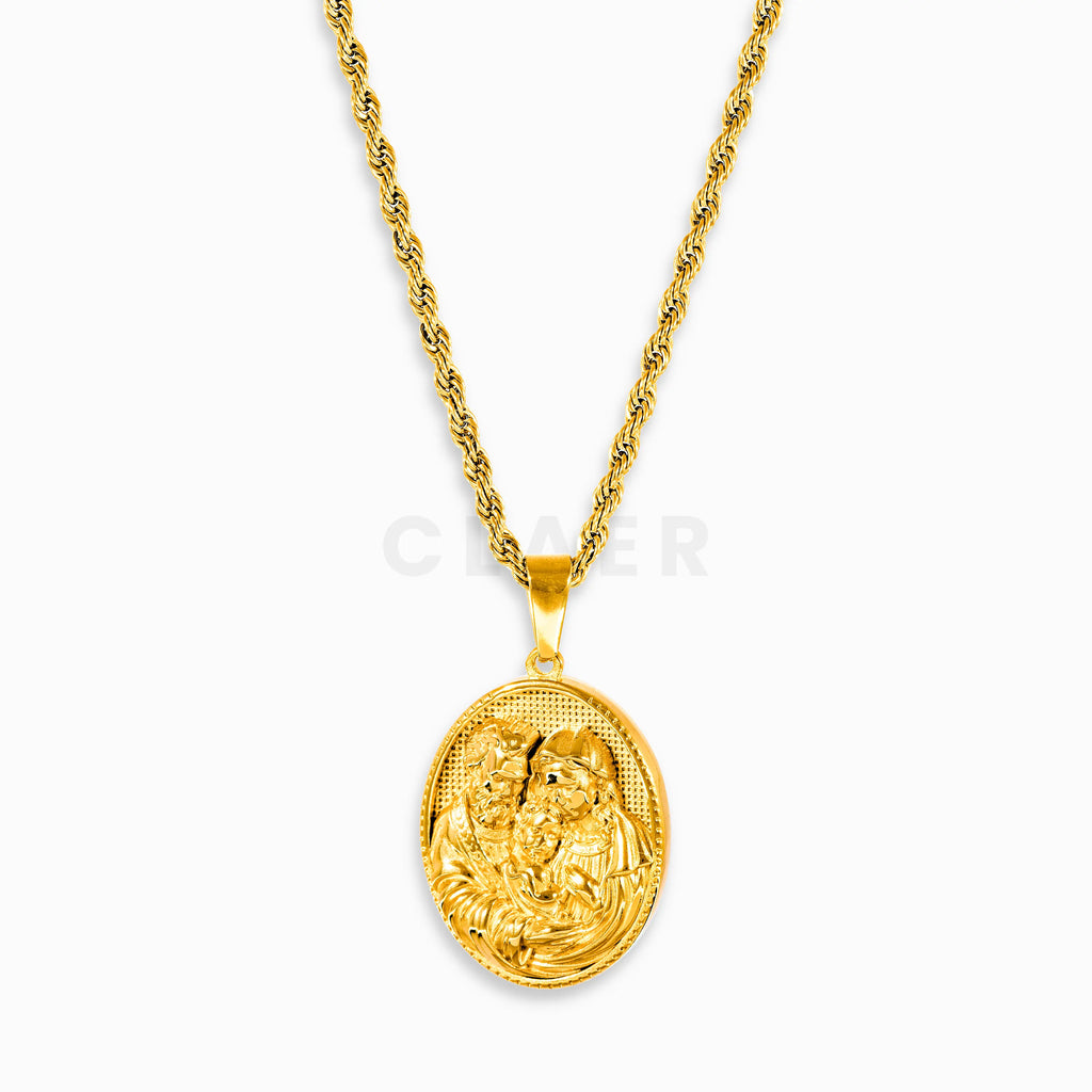Goldener Anhänger mit Motiv der Heilgen Familie und des Jesuskindes, auf einer Rope-Kette.