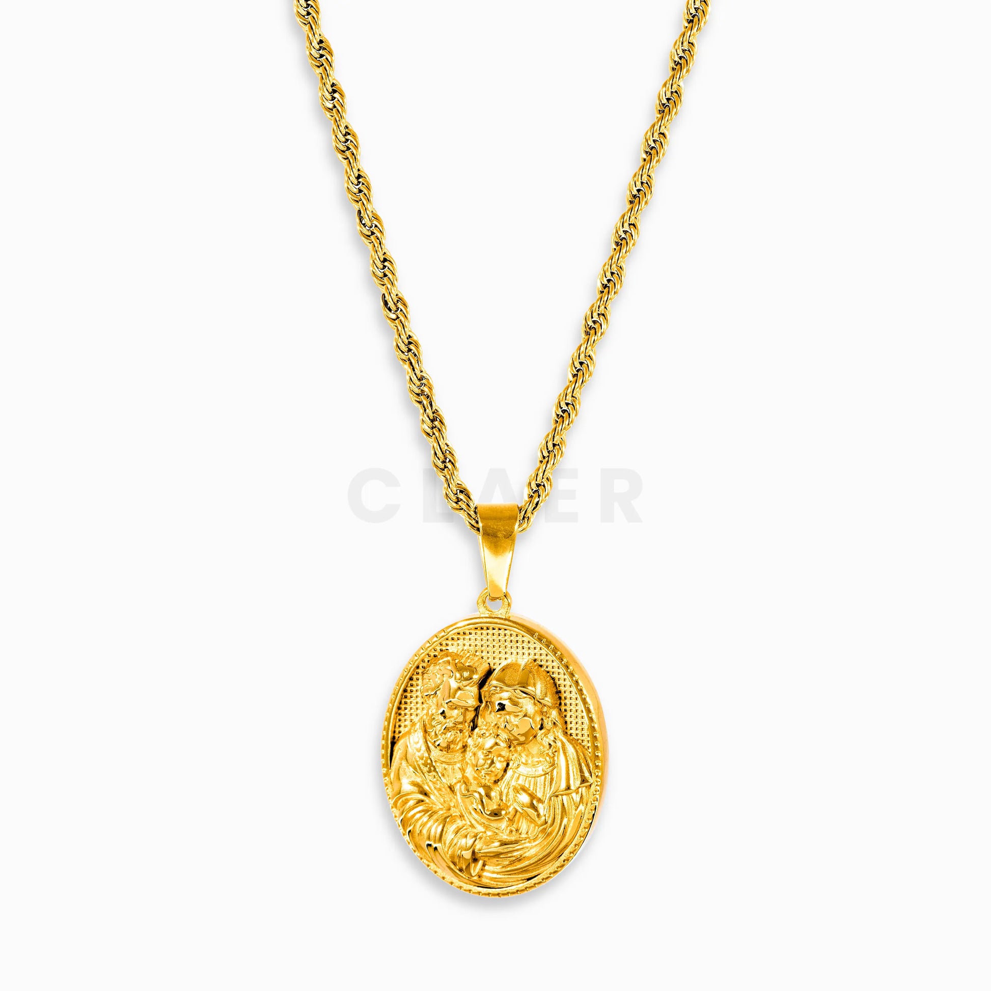 Goldener Anhänger mit Motiv der Heilgen Familie und des Jesuskindes, auf einer Rope-Kette.