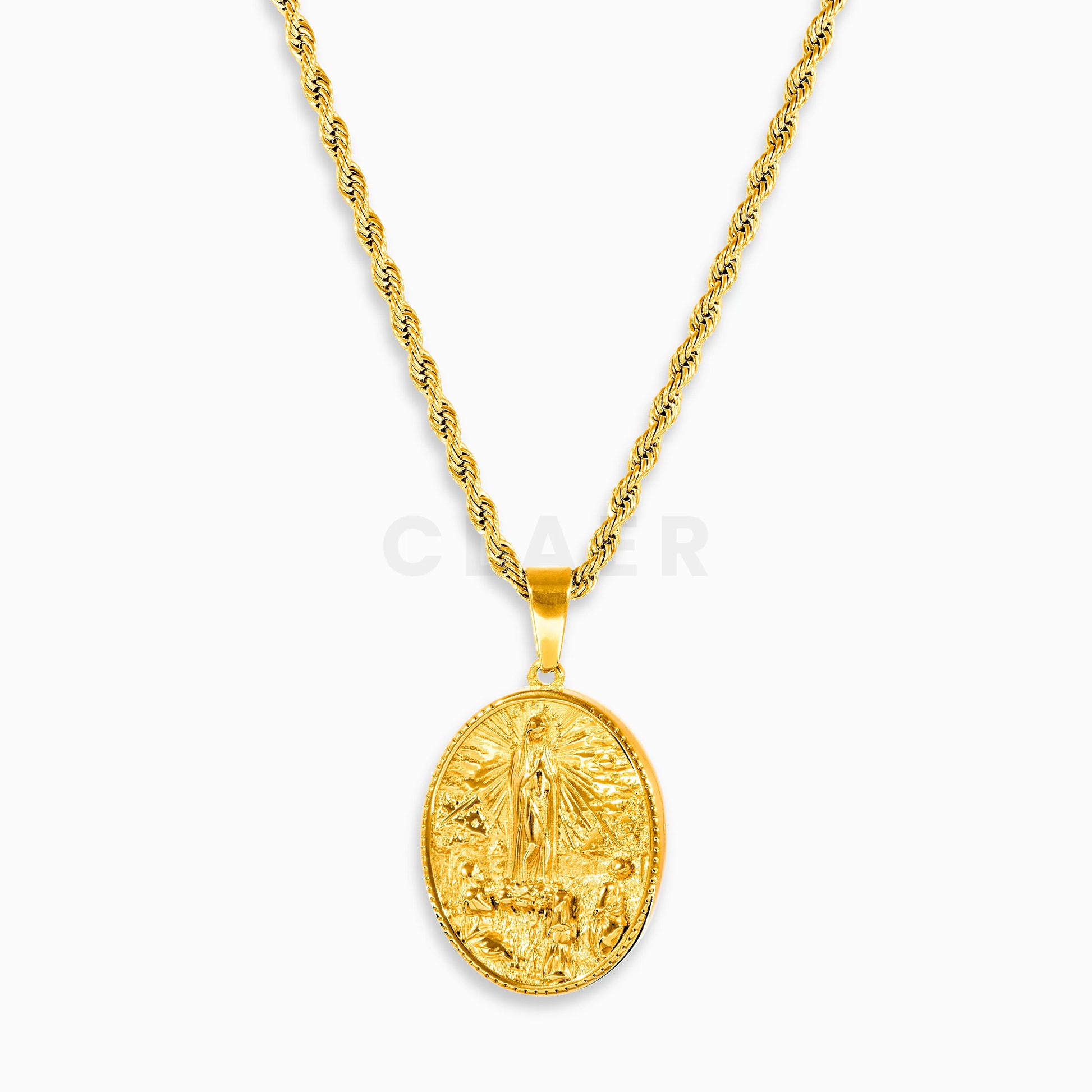 Goldenes Amulet mit Maria-Motiv-Anhänger auf einer Rope Kette.
