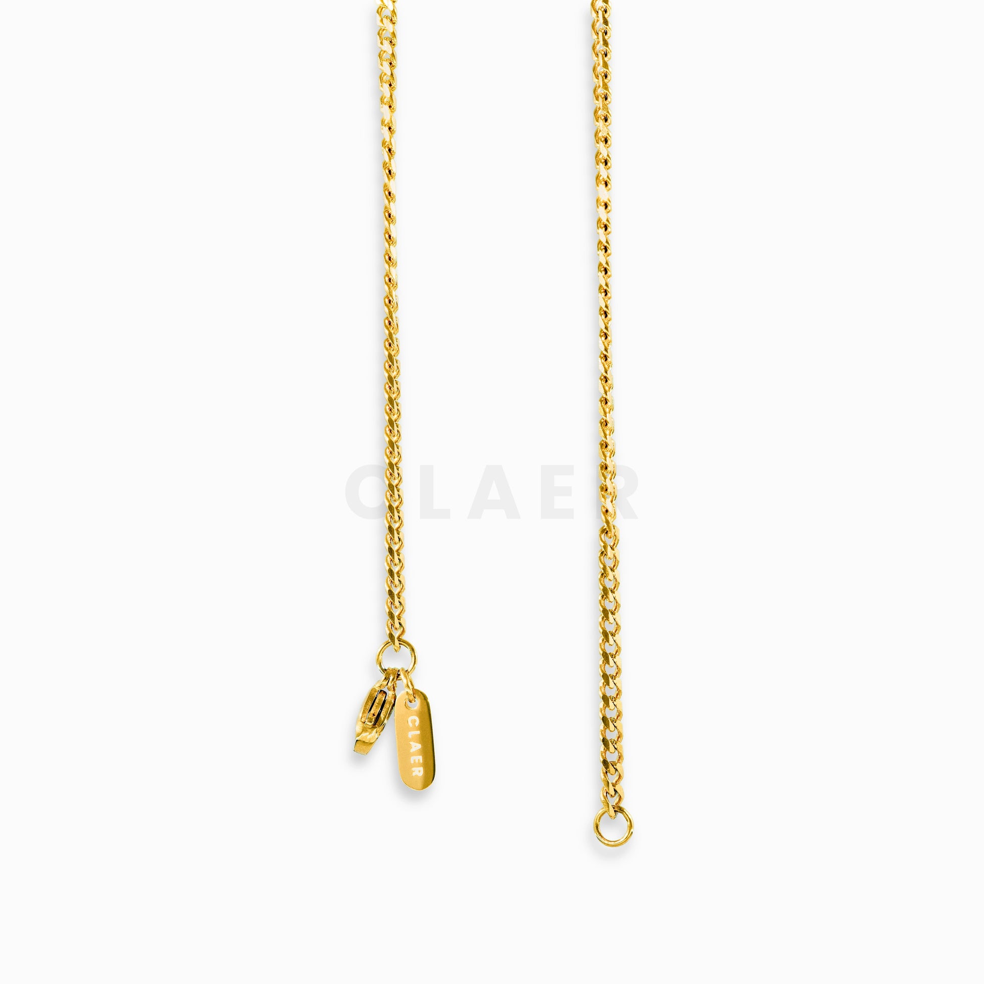 Goldene Miami Cuban Chain mit prominentem Verschluss und Logo-Tag von CLAER.