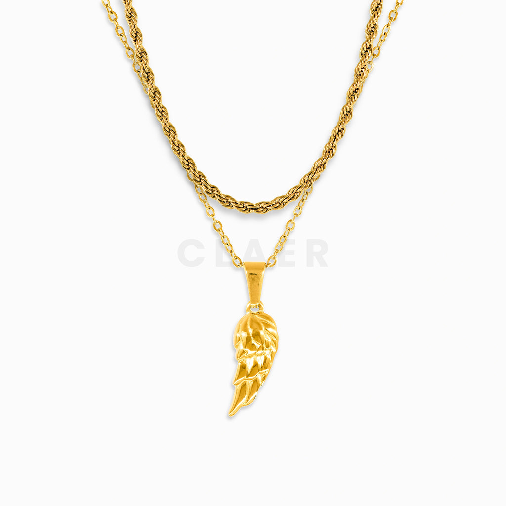 Goldene Rope-Halskette mit filigranem Engelsflügel-Anhänger.
