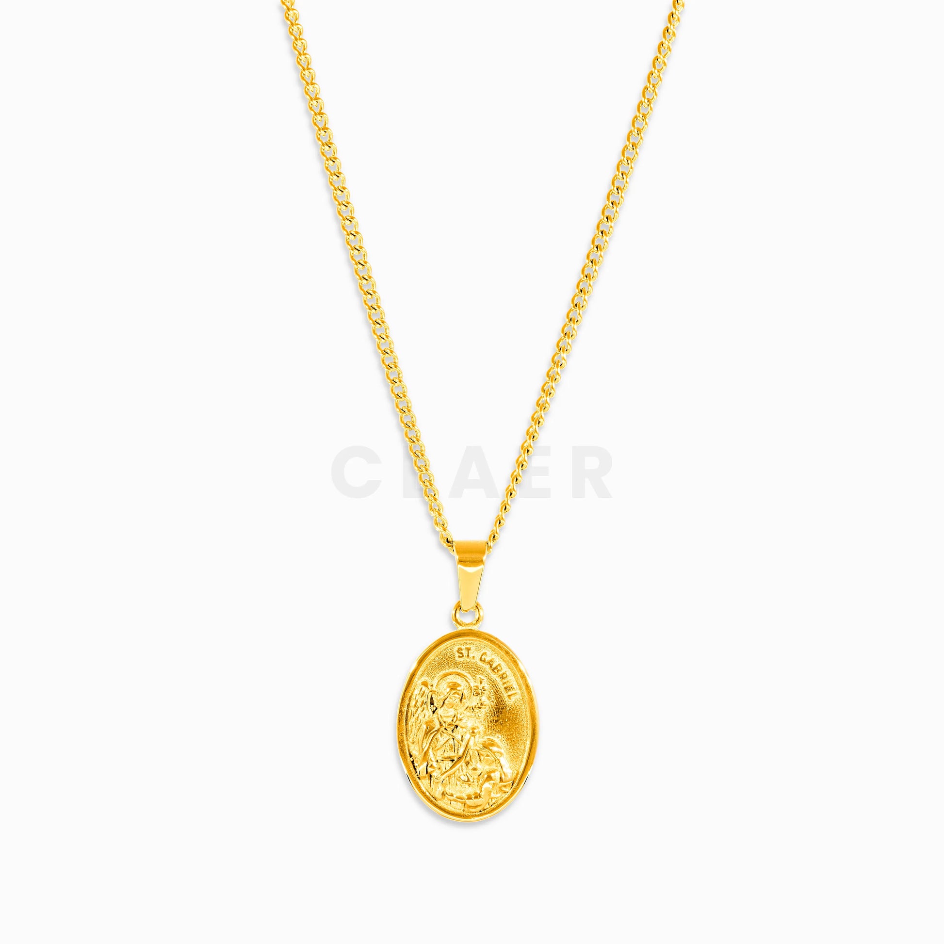 Goldener Anhänger mit St. Gabriel-Motiv auf unserer Curb-Kette.