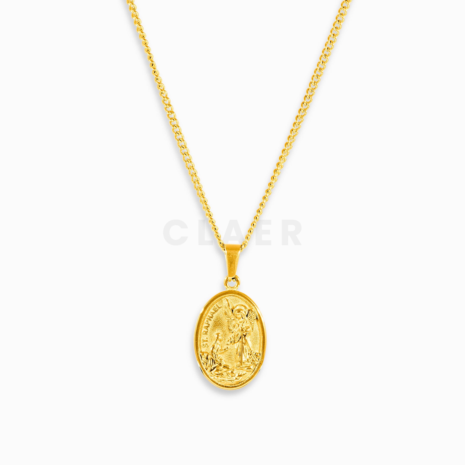 Goldene Curb Chain mit einem Anhänger mit St. Raphael-Motiv.