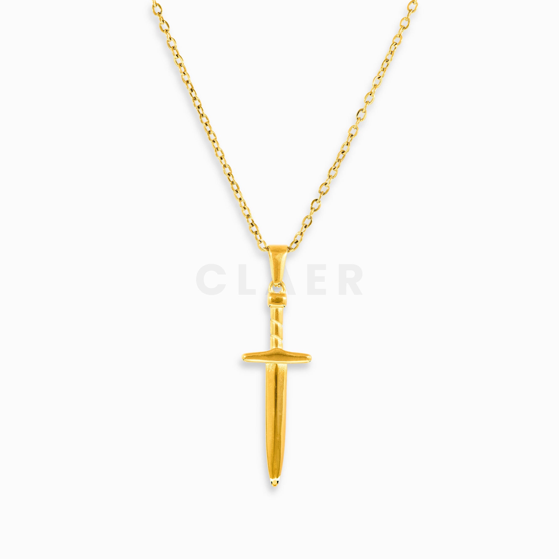 Goldene Gliederkette mit einem Anhänger in Schwertform.
