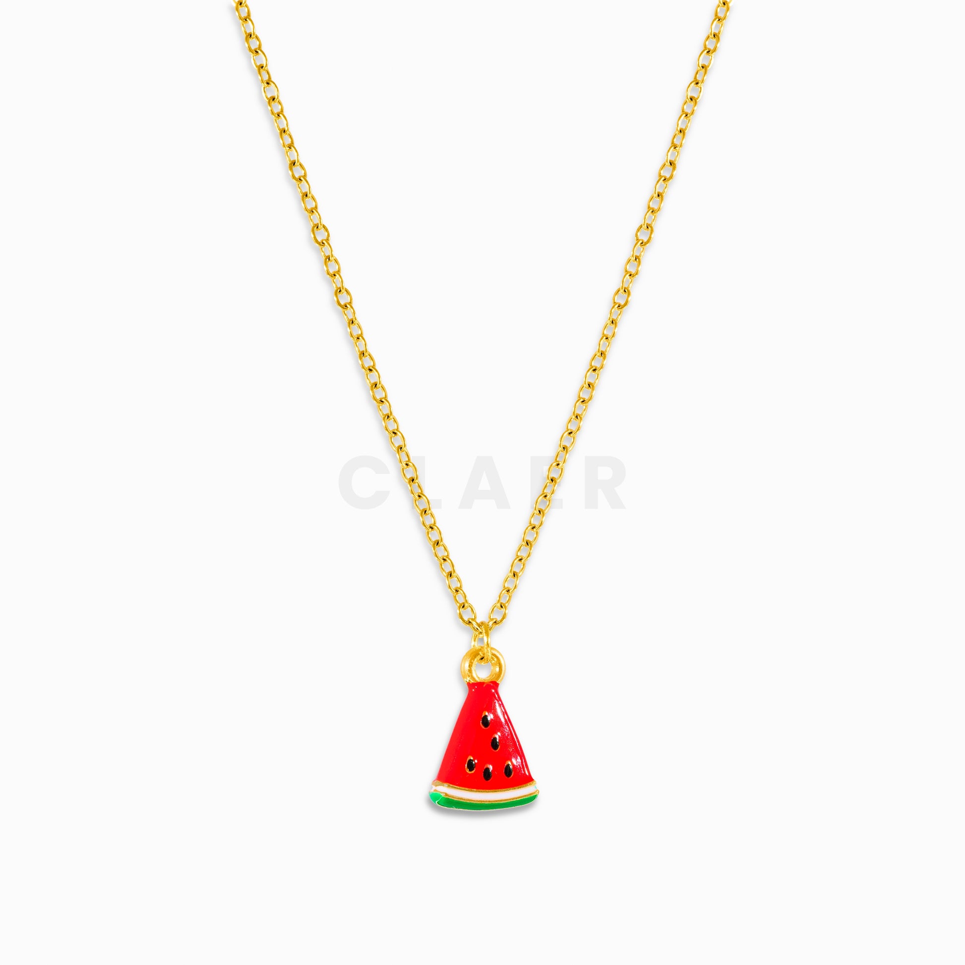 Goldene Gliederkette mit Anhänger in Form einer Wassermelone.