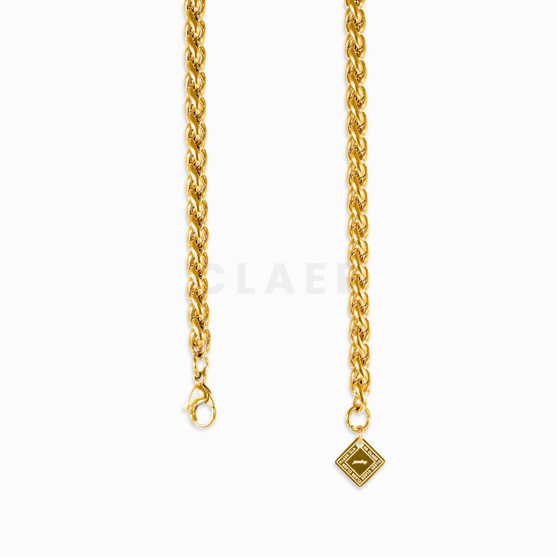Goldene Wheat-Chain Verschluss mit Logo-Tag von CLAER.