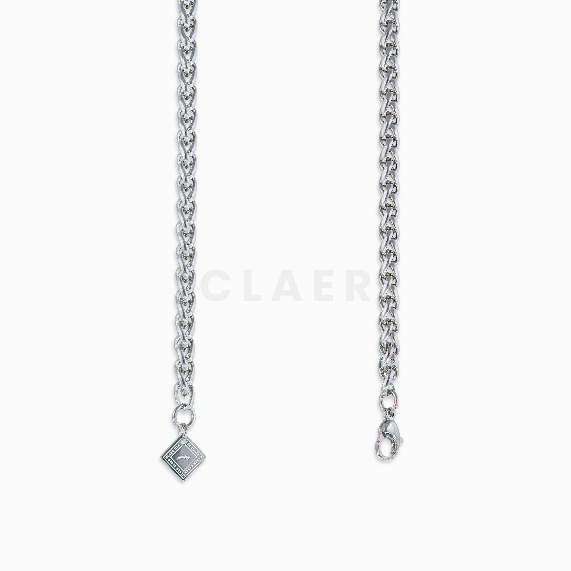 Silberne Wheat Chain mit Verschluss und Logo-Tag von CLAER.